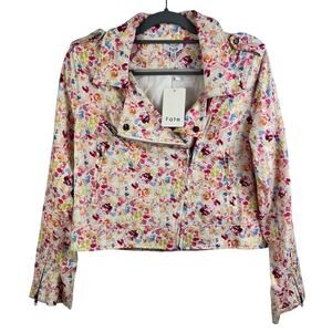 NWT Bloomcore Linen Blend Fate Watercolor Floral Full Zip Moto Jacket Medium